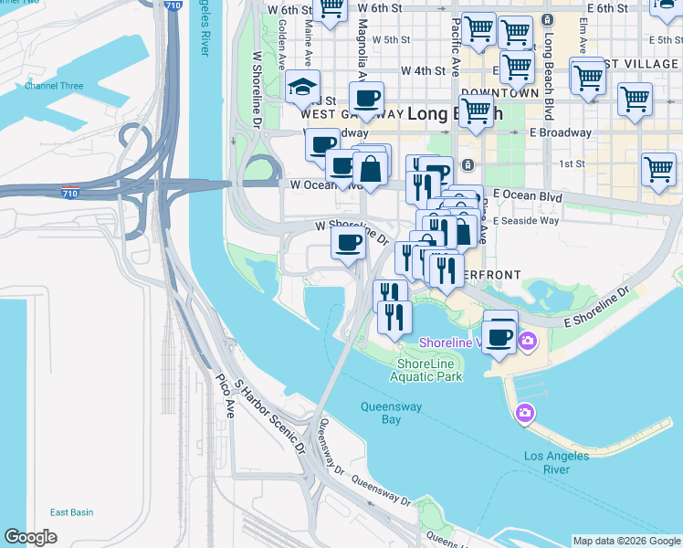 map of restaurants, bars, coffee shops, grocery stores, and more near 320 Golden Shore in Long Beach