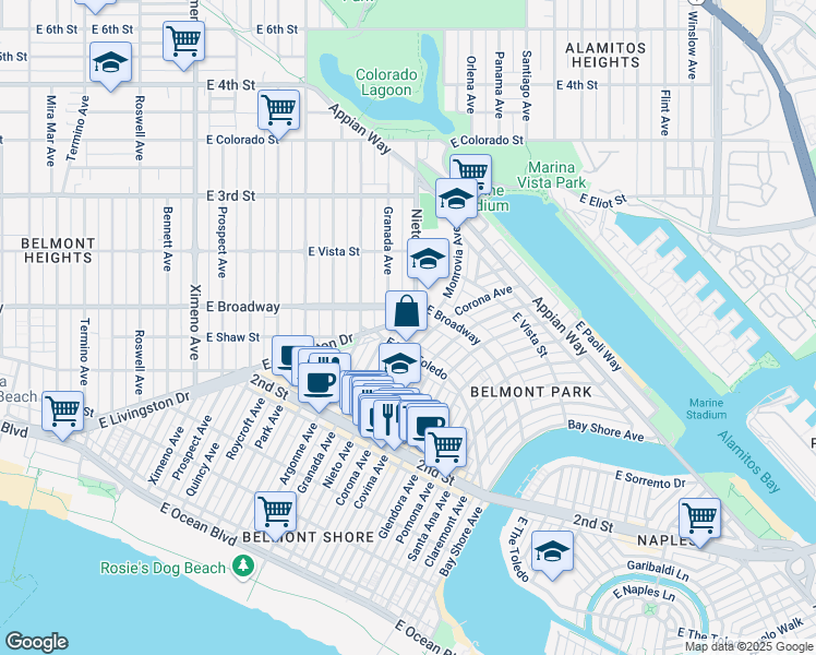 map of restaurants, bars, coffee shops, grocery stores, and more near 5120 East Livingston Drive in Long Beach