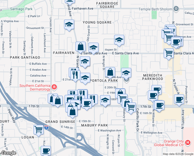 map of restaurants, bars, coffee shops, grocery stores, and more near 1363 East 21st Street in Santa Ana