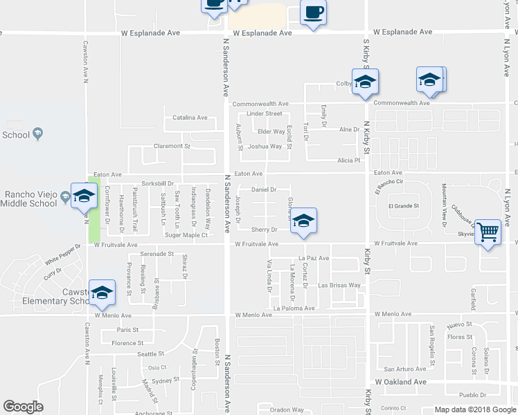 map of restaurants, bars, coffee shops, grocery stores, and more near 3141 Christiane Circle in Hemet