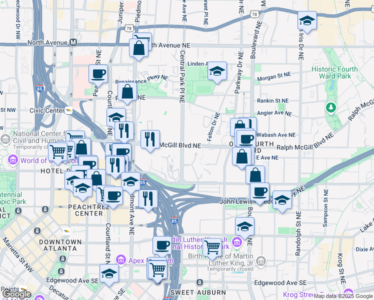 map of restaurants, bars, coffee shops, grocery stores, and more near 315 Ralph McGill Boulevard Northeast in Atlanta