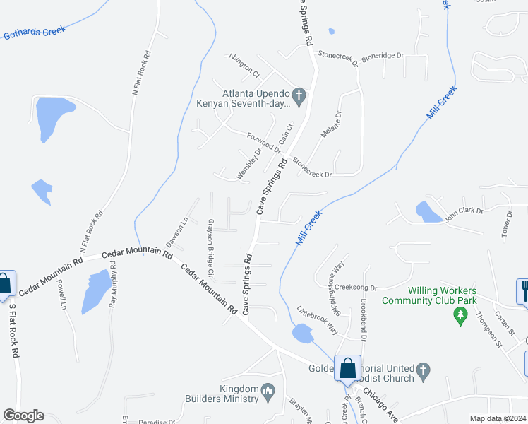 map of restaurants, bars, coffee shops, grocery stores, and more near 1552 Cave Springs Road in Douglasville