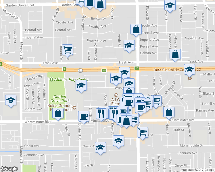 map of restaurants, bars, coffee shops, grocery stores, and more near 13702 Cork Street in Garden Grove
