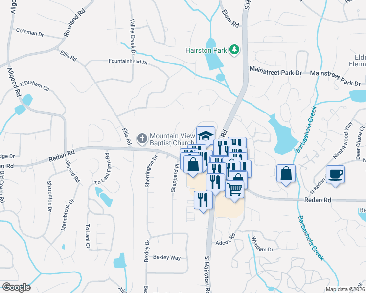 map of restaurants, bars, coffee shops, grocery stores, and more near 1062 Autumn Crest Drive in Stone Mountain