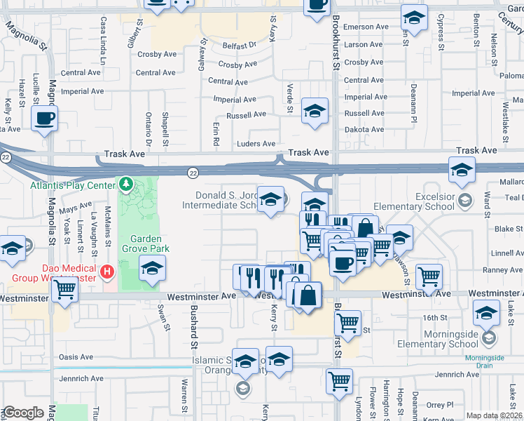 map of restaurants, bars, coffee shops, grocery stores, and more near 13702 Cork Street in Garden Grove