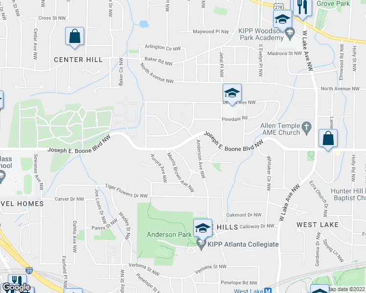map of restaurants, bars, coffee shops, grocery stores, and more near 2016 Simpson Rd NW in Atlanta