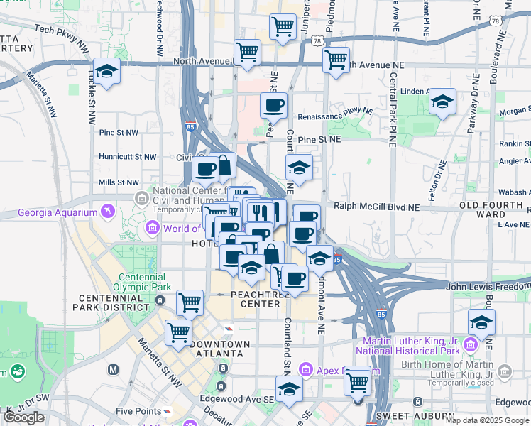 map of restaurants, bars, coffee shops, grocery stores, and more near 335 Ivy Street in Atlanta