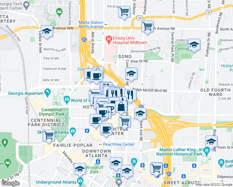 map of restaurants, bars, coffee shops, grocery stores, and more near 335 Ivy Street in Atlanta