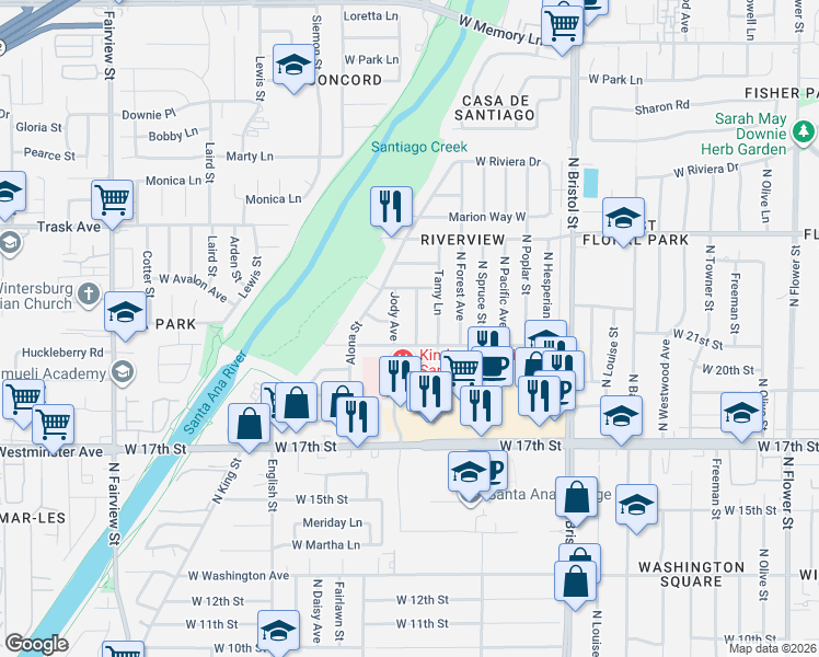 map of restaurants, bars, coffee shops, grocery stores, and more near 2101 Candis Avenue in Santa Ana