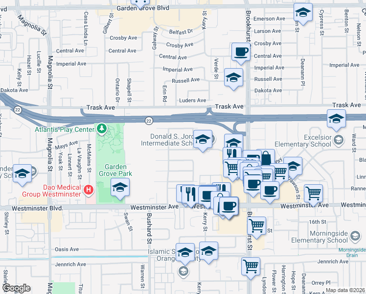 map of restaurants, bars, coffee shops, grocery stores, and more near 9702 Woodbury Avenue in Garden Grove