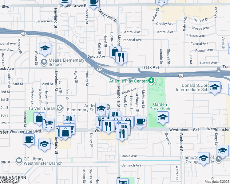 map of restaurants, bars, coffee shops, grocery stores, and more near 8923 Mays Avenue in Garden Grove