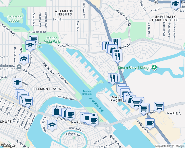 map of restaurants, bars, coffee shops, grocery stores, and more near 330 Whites Landing in Long Beach