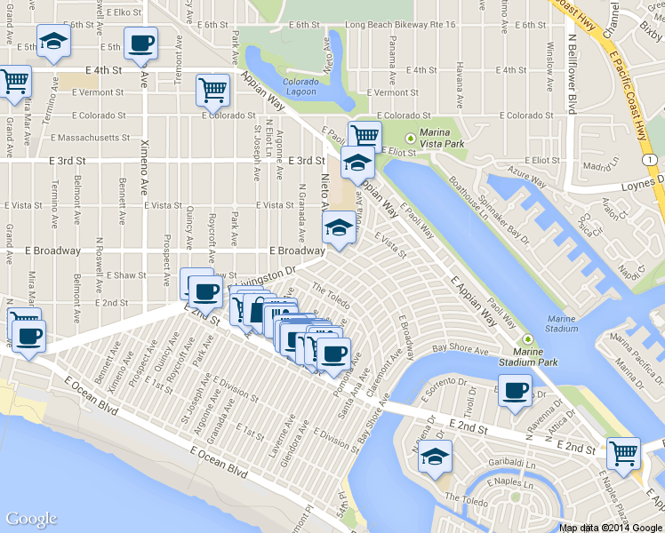 map of restaurants, bars, coffee shops, grocery stores, and more near 269 Corona Avenue in Long Beach