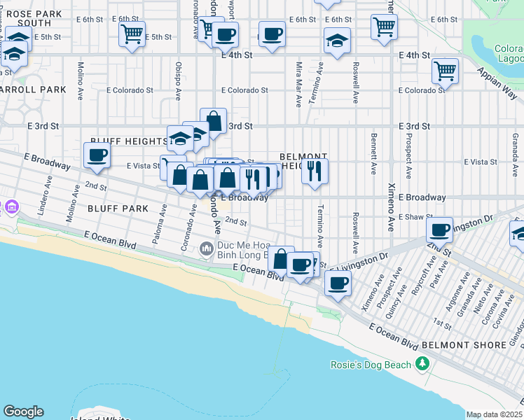 map of restaurants, bars, coffee shops, grocery stores, and more near 210 Euclid Avenue in Long Beach