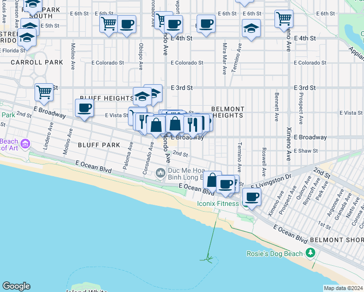 map of restaurants, bars, coffee shops, grocery stores, and more near 203 Loma Avenue in Long Beach
