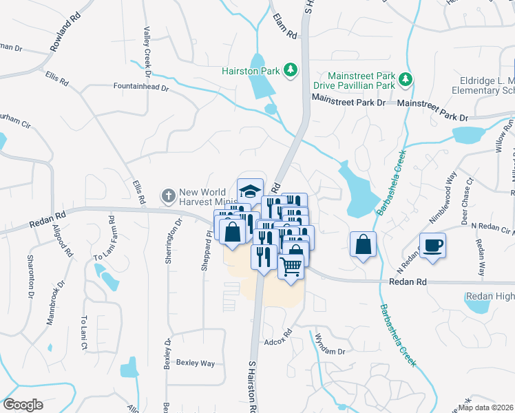 map of restaurants, bars, coffee shops, grocery stores, and more near 989 Ashton Oak Circle in Stone Mountain