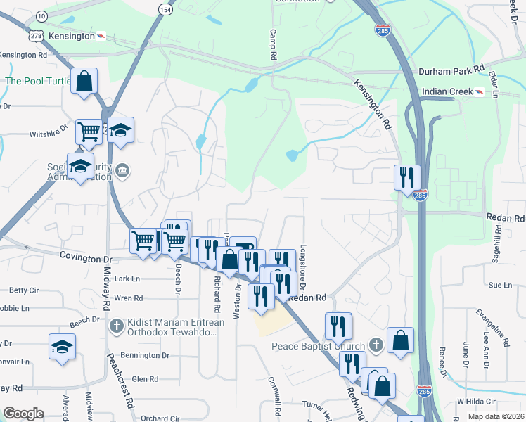 map of restaurants, bars, coffee shops, grocery stores, and more near 1070 Dove Valley Road in Decatur