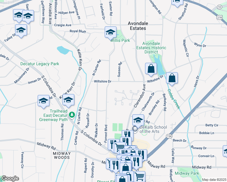 map of restaurants, bars, coffee shops, grocery stores, and more near 86 Devon Lane in Avondale Estates