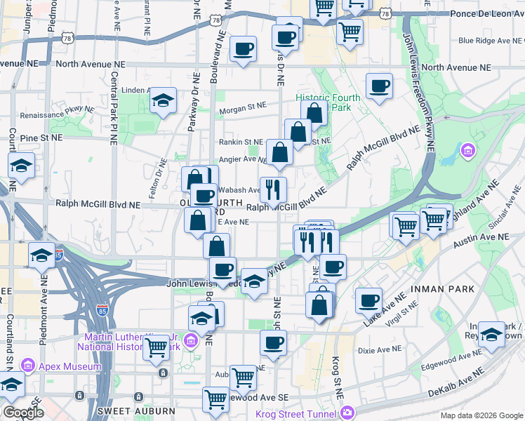 map of restaurants, bars, coffee shops, grocery stores, and more near 554 East Avenue Northeast in Atlanta