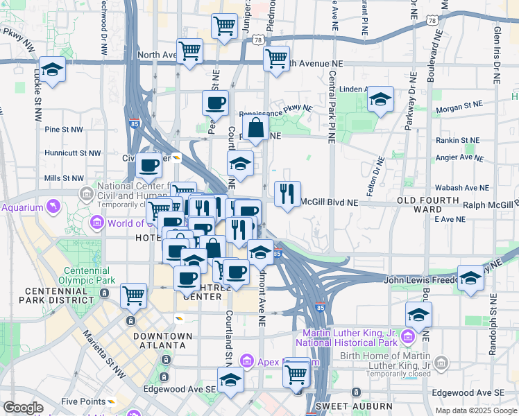 map of restaurants, bars, coffee shops, grocery stores, and more near 332 Piedmont Avenue Northeast in Atlanta