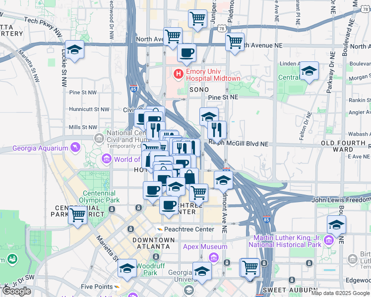 map of restaurants, bars, coffee shops, grocery stores, and more near 353 West Peachtree Street Northwest in Atlanta