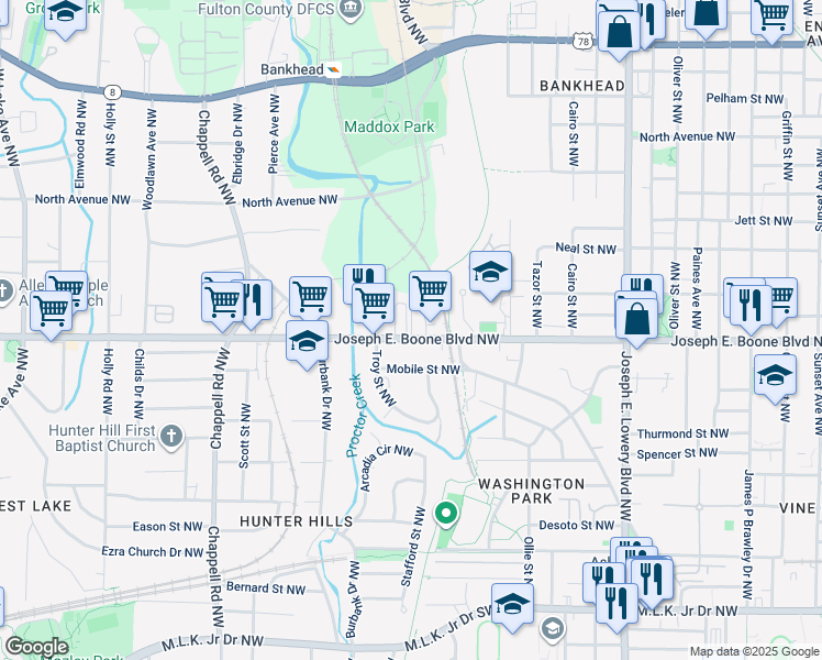 map of restaurants, bars, coffee shops, grocery stores, and more near 1177 Joseph E. Boone Boulevard Northwest in Atlanta