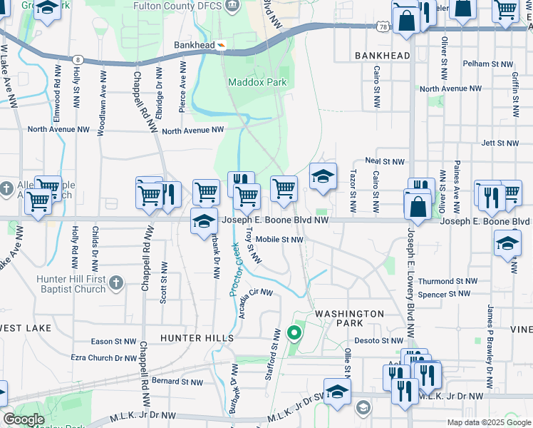 map of restaurants, bars, coffee shops, grocery stores, and more near 1181 Joseph E. Boone Boulevard Northwest in Atlanta