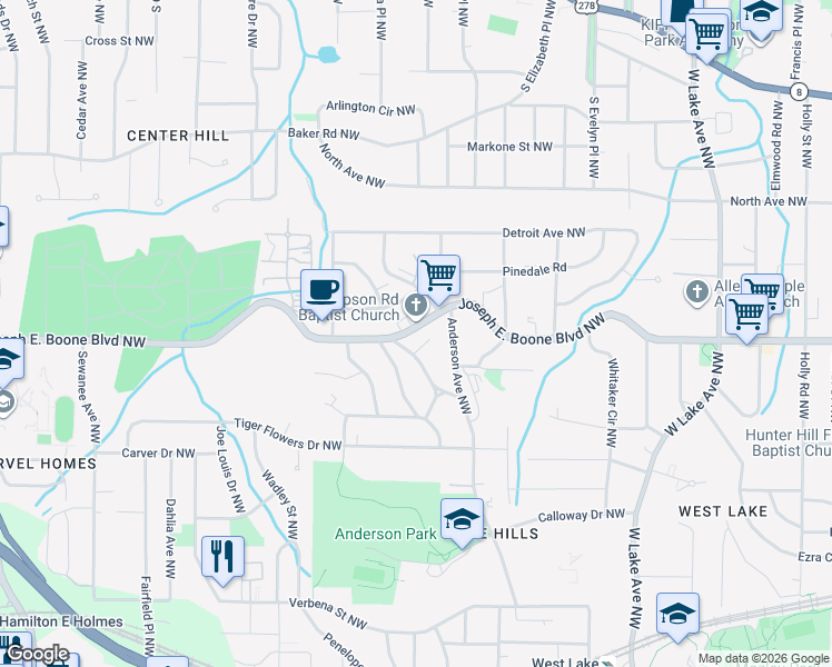 map of restaurants, bars, coffee shops, grocery stores, and more near 2016 Simpson Road Northwest in Atlanta