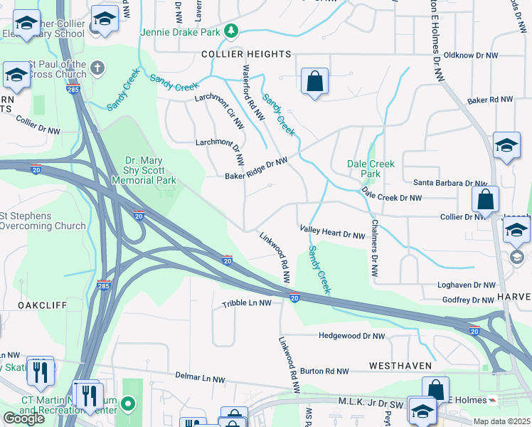 map of restaurants, bars, coffee shops, grocery stores, and more near 2953 Collier Drive Northwest in Atlanta