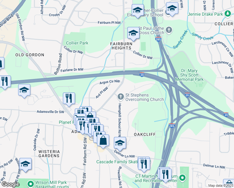 map of restaurants, bars, coffee shops, grocery stores, and more near 309 Hemphill School Road Northwest in Atlanta