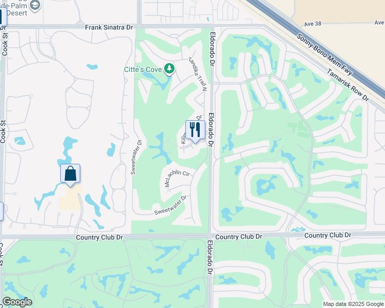 map of restaurants, bars, coffee shops, grocery stores, and more near 38051 Leopoldville Court in Palm Desert