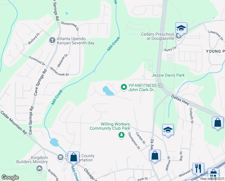 map of restaurants, bars, coffee shops, grocery stores, and more near 7834 Lake Crest Way in Douglasville