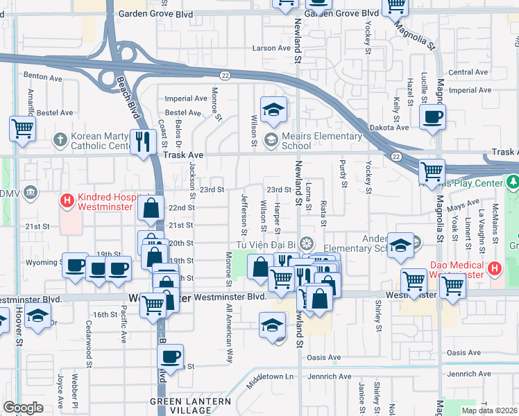 map of restaurants, bars, coffee shops, grocery stores, and more near 8316 Jefferson Street in Westminster