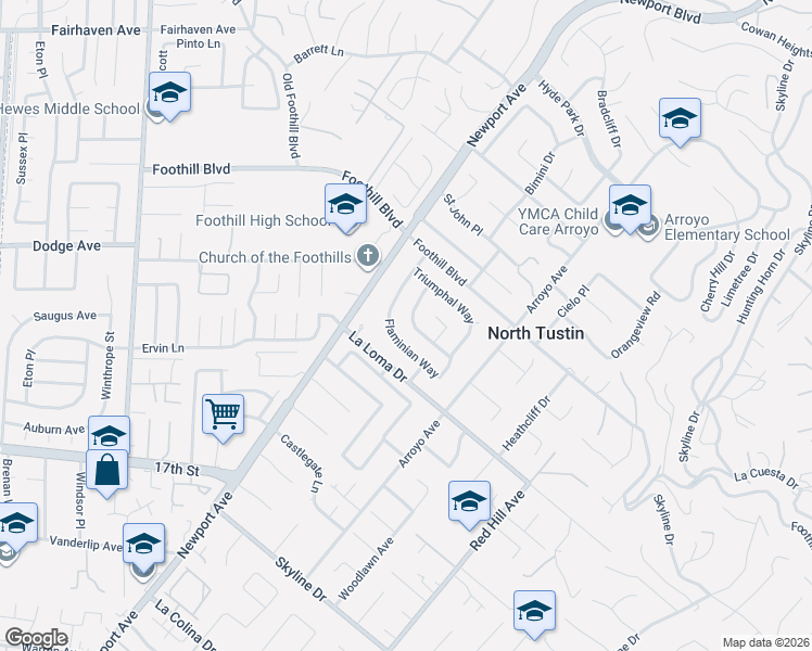 map of restaurants, bars, coffee shops, grocery stores, and more near 1142 Appian Way in North Tustin
