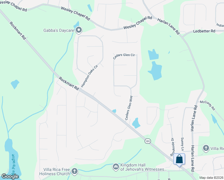 map of restaurants, bars, coffee shops, grocery stores, and more near 275 Cedars Glen Circle in Villa Rica