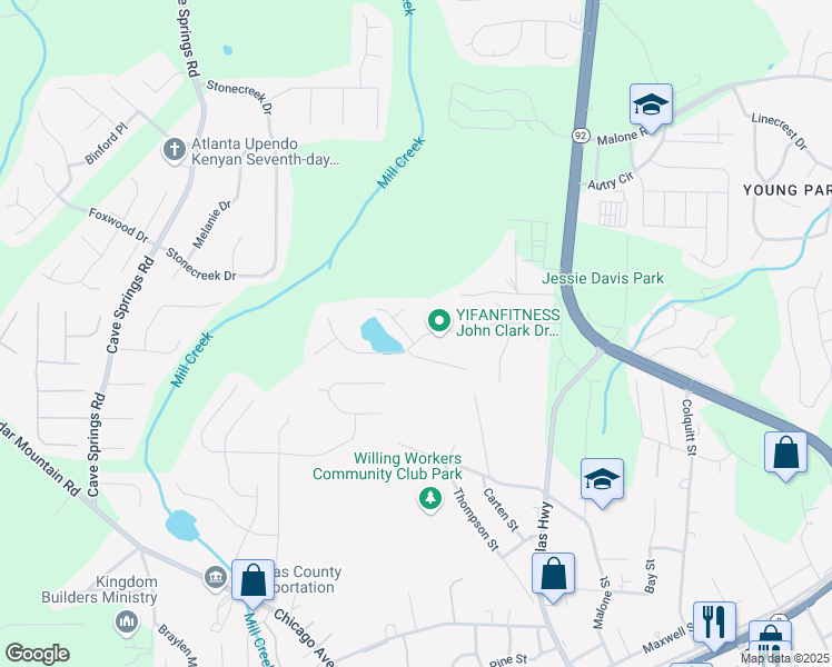 map of restaurants, bars, coffee shops, grocery stores, and more near 7831 Lake Crest Way in Douglasville