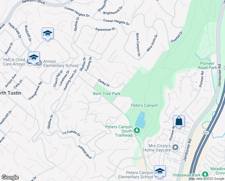 map of restaurants, bars, coffee shops, grocery stores, and more near 1932 Derby Drive in Santa Ana
