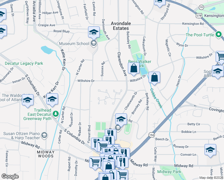 map of restaurants, bars, coffee shops, grocery stores, and more near 21 Sutton Place in Avondale Estates