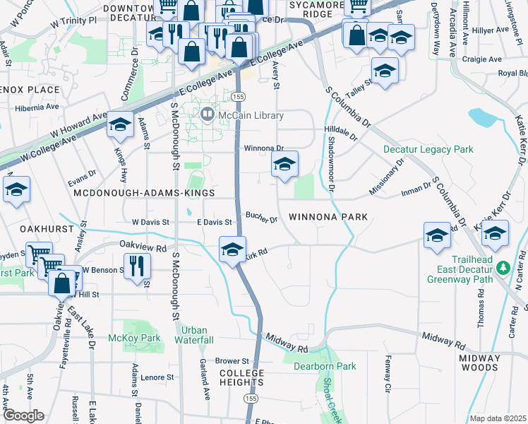 map of restaurants, bars, coffee shops, grocery stores, and more near 136 Bucher Drive in Decatur