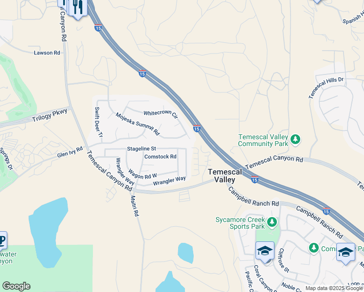 map of restaurants, bars, coffee shops, grocery stores, and more near 10450 Stageline Street in Corona