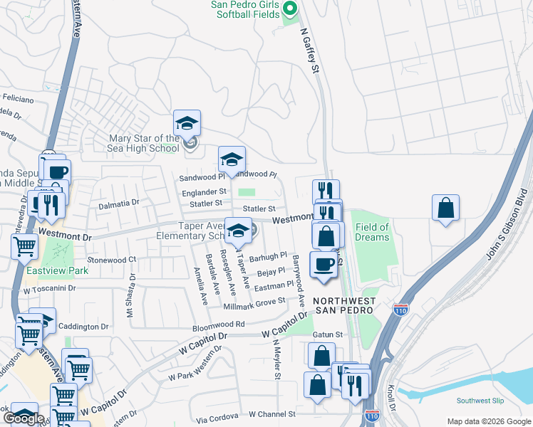 map of restaurants, bars, coffee shops, grocery stores, and more near 835 Statler Street in Los Angeles