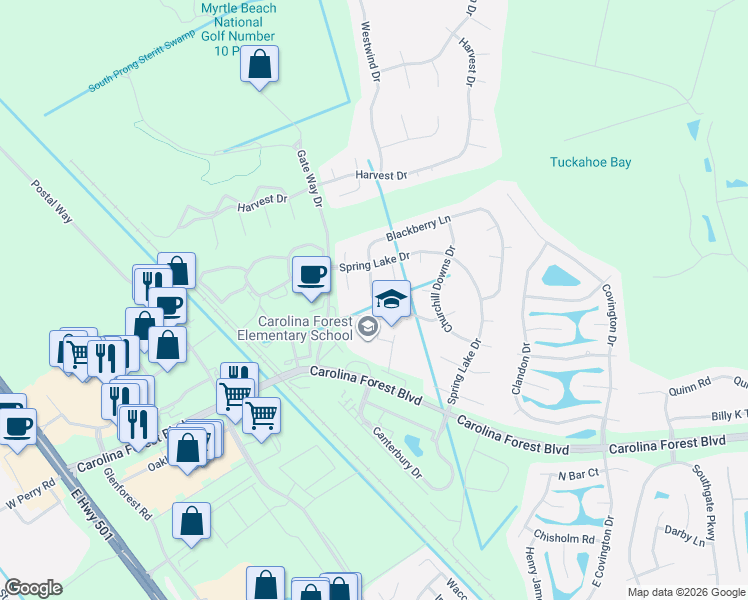 map of restaurants, bars, coffee shops, grocery stores, and more near 466 Blackberry Ln in Myrtle Beach