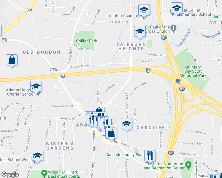 map of restaurants, bars, coffee shops, grocery stores, and more near 311 Ard Place Northwest in Atlanta