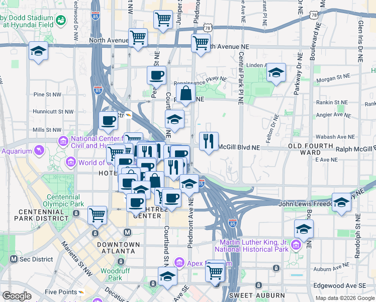 map of restaurants, bars, coffee shops, grocery stores, and more near 332 Piedmont Avenue Northeast in Atlanta
