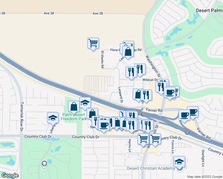 map of restaurants, bars, coffee shops, grocery stores, and more near 39301 Badger Street in Palm Desert