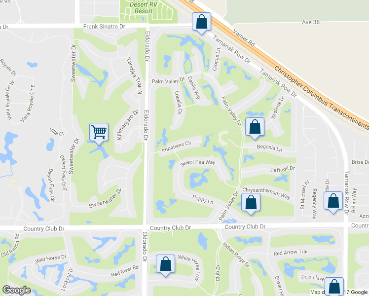 map of restaurants, bars, coffee shops, grocery stores, and more near 76167 Impatiens Circle in Palm Desert