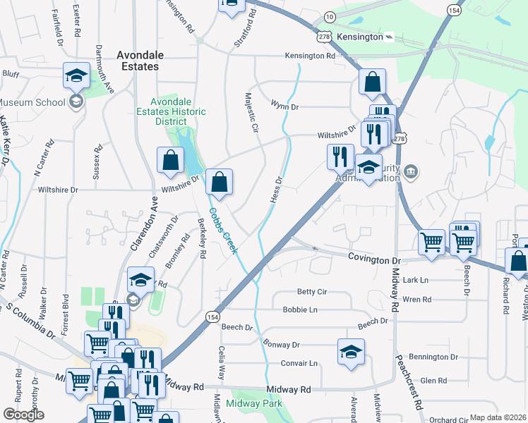 map of restaurants, bars, coffee shops, grocery stores, and more near 1077 Hess Drive in Avondale Estates
