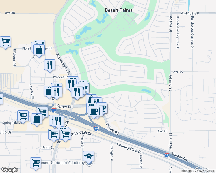 map of restaurants, bars, coffee shops, grocery stores, and more near 78473 Golden Reed Drive in Palm Desert