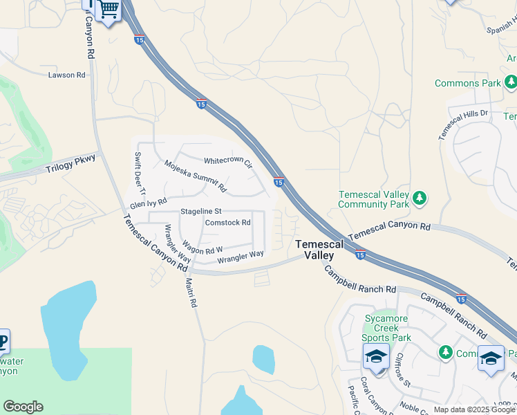 map of restaurants, bars, coffee shops, grocery stores, and more near 10450 Stageline Street in Corona