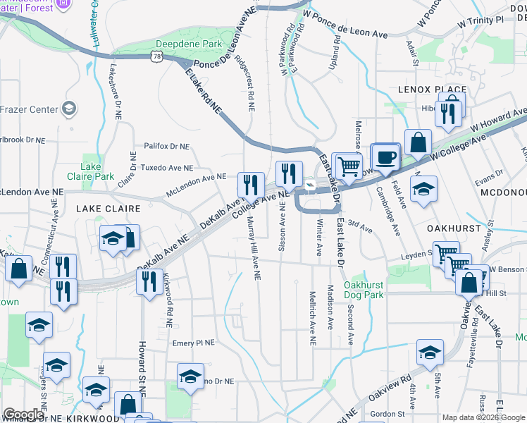 map of restaurants, bars, coffee shops, grocery stores, and more near 366 Clifford Avenue Northeast in Atlanta